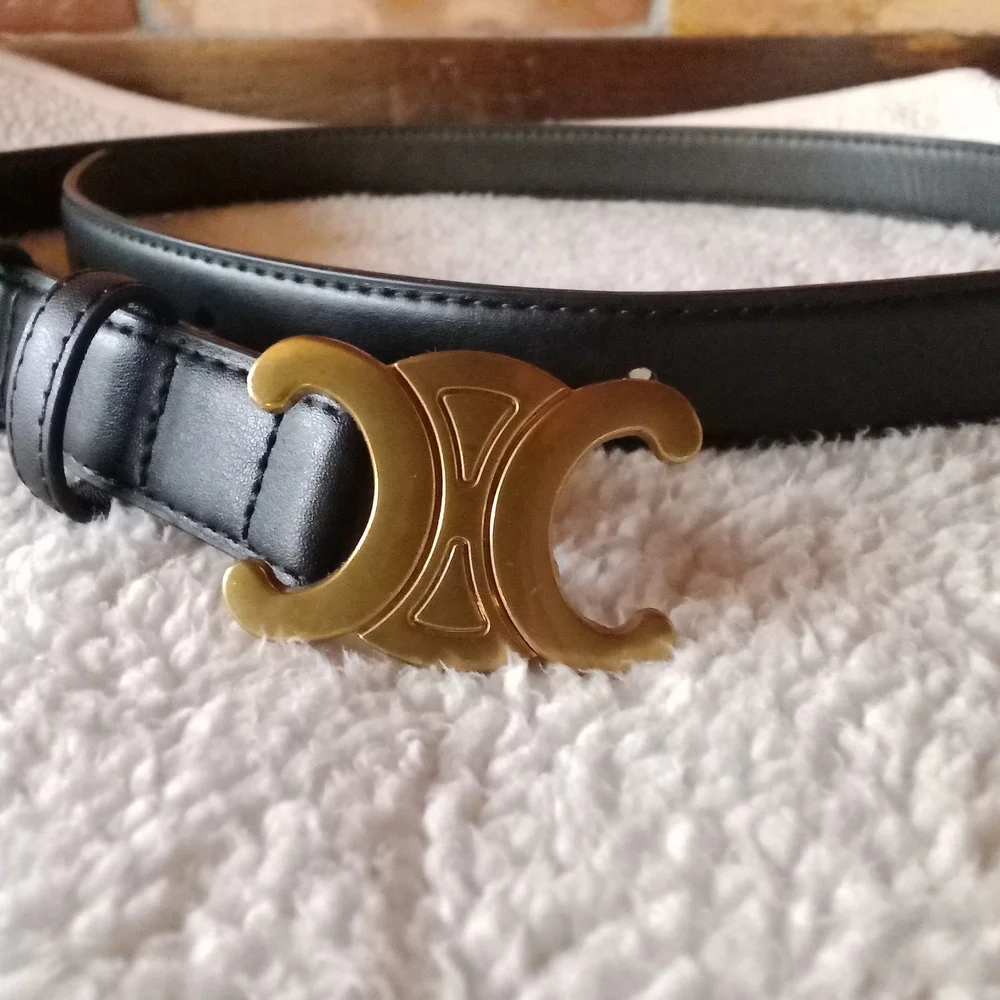 Black Leather Belt with Gold Buckle - Picture 2 of 3